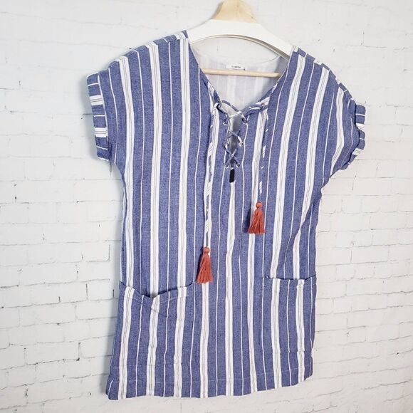 Tularosa Revolve Tunic Top Size XS Blue White Striped Tassels Beachy 100% Cotton - Picture 2 of 8